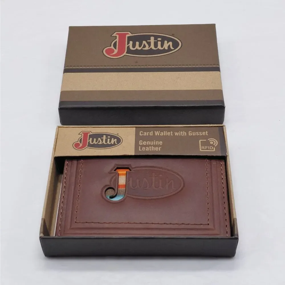 Justin Genuine Leather Card Wallet with Gusset Brown Western Logo Gift Boxed